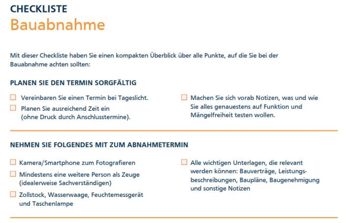 Checkliste: Darauf sollten Sie bei der Bauabnahme achten.