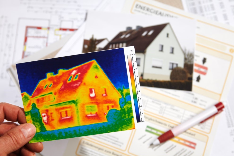 Haus, thermografisches Bild, Energieausweis und Raumpläne